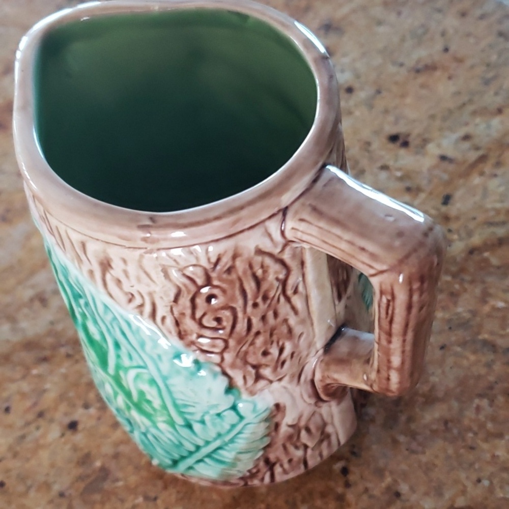 Antique Majoica Begonia Fern Leaf Rustic Tree Bark Planter Vase, Decor Pitcher - Picture 8 of 16